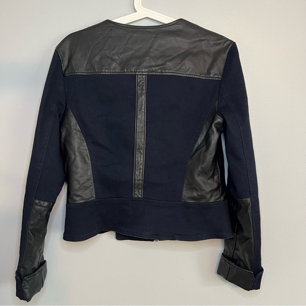 Kiind of Thalia faux leather two toned jacket Sz L Navy Black Cotton Chic City - Picture 10 of 14